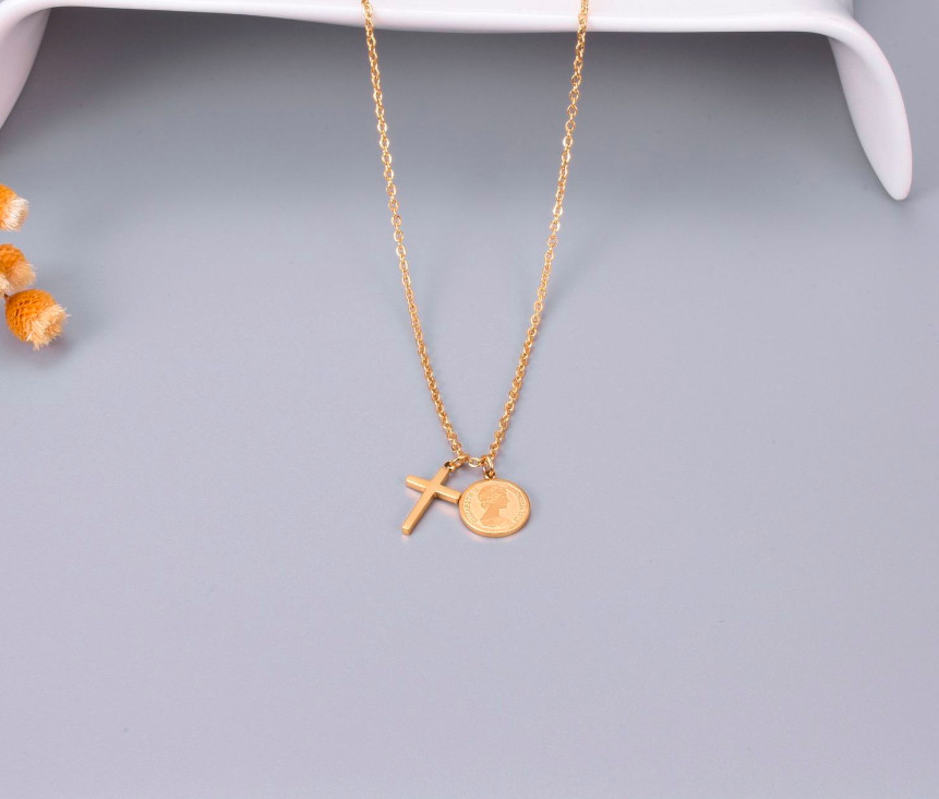 18KGP Gold Rose Gold Tone Stainless Steel Cross Elizabeth Coin Pendant Necklaces