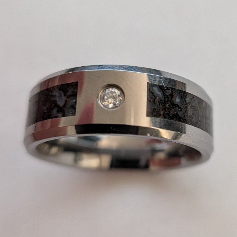 Men’s Tungsten Carbide Ring Dinosaur Bone Inlay With Beveled Diamond- Size 11