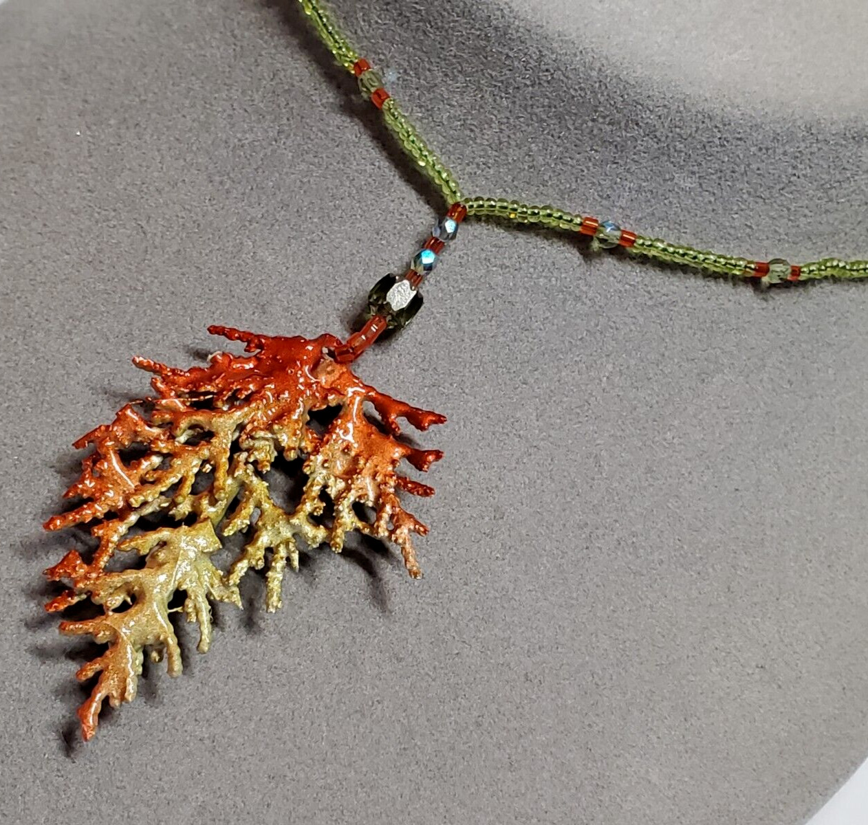 Handmade Orange Green Enamel Natural Juniper Branch Pendant Bead 16″ Necklace