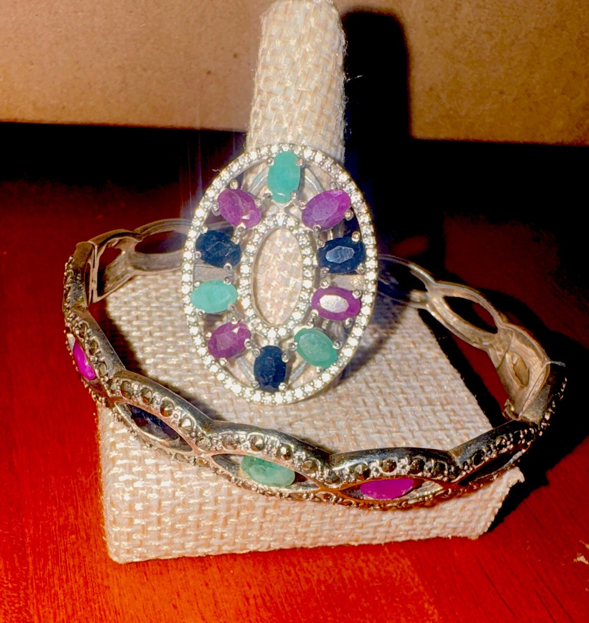 Emerald Sapphire Ruby Oval Stone Necklace, Bracelet, Earrings & Ring Set