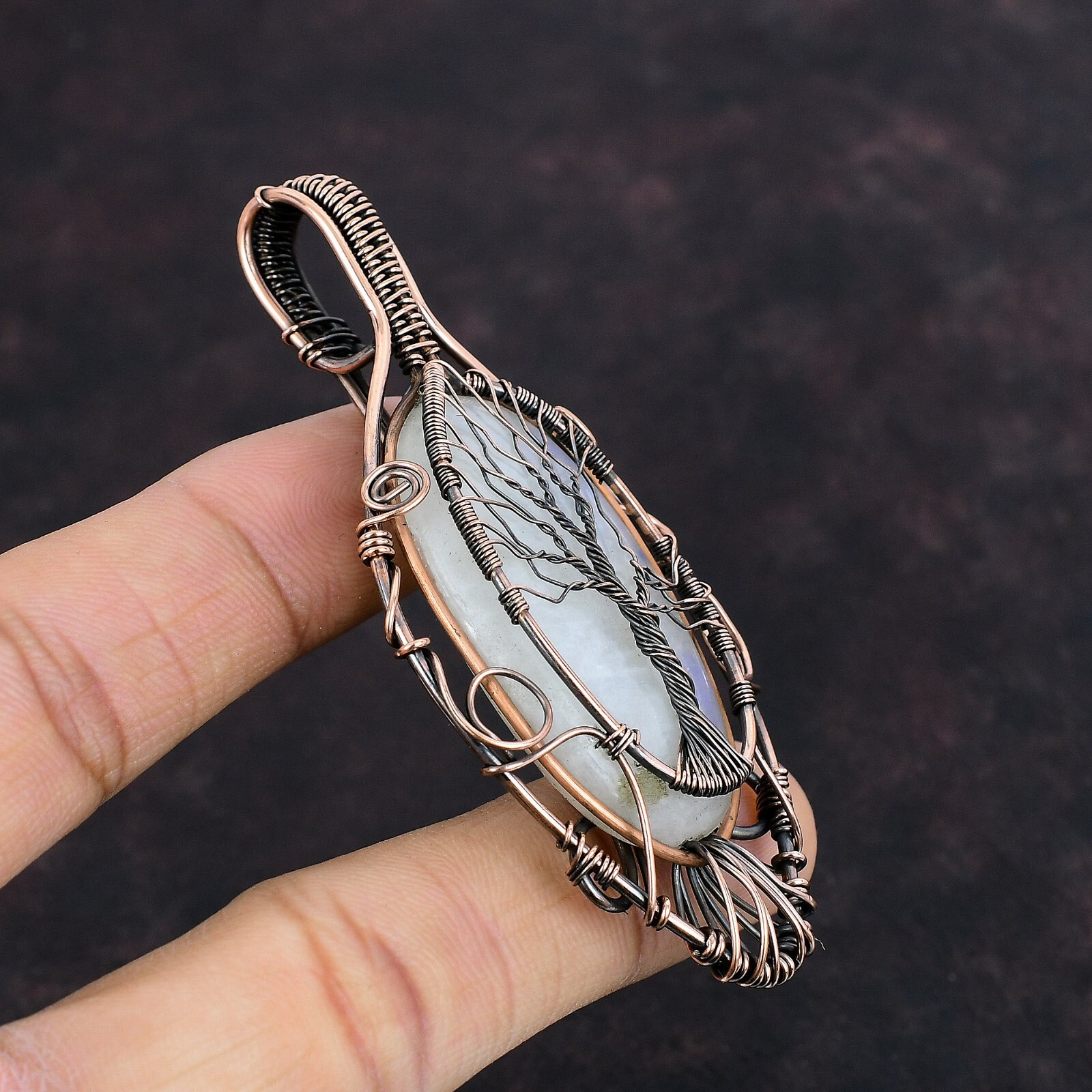 Rainbow Moonstone Copper Valentine Gift Wire Wrapped Tree Of Life Pendant 3.31″