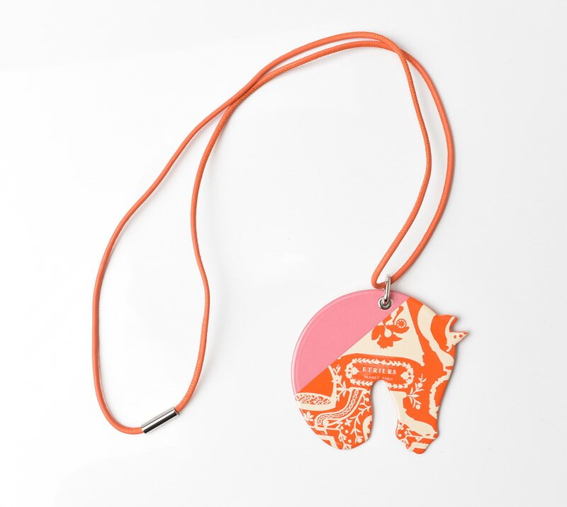 Hermes TATERSALE Pendant Palladium plated Orange Pink Horse Motif Necklace