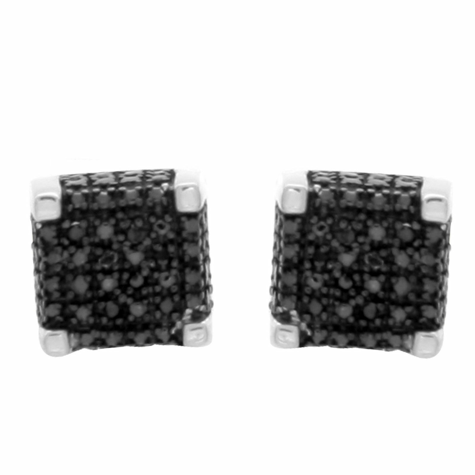 Round Black Diamond Square Stud Earrings Screw Back 14K White Gold Plated Silver