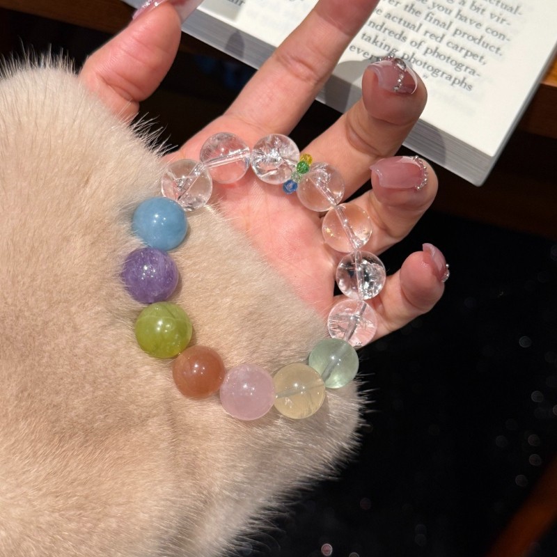 14mm Natural Rainbow multi-gemstone crystal, aquamarine, white crystal bracelet