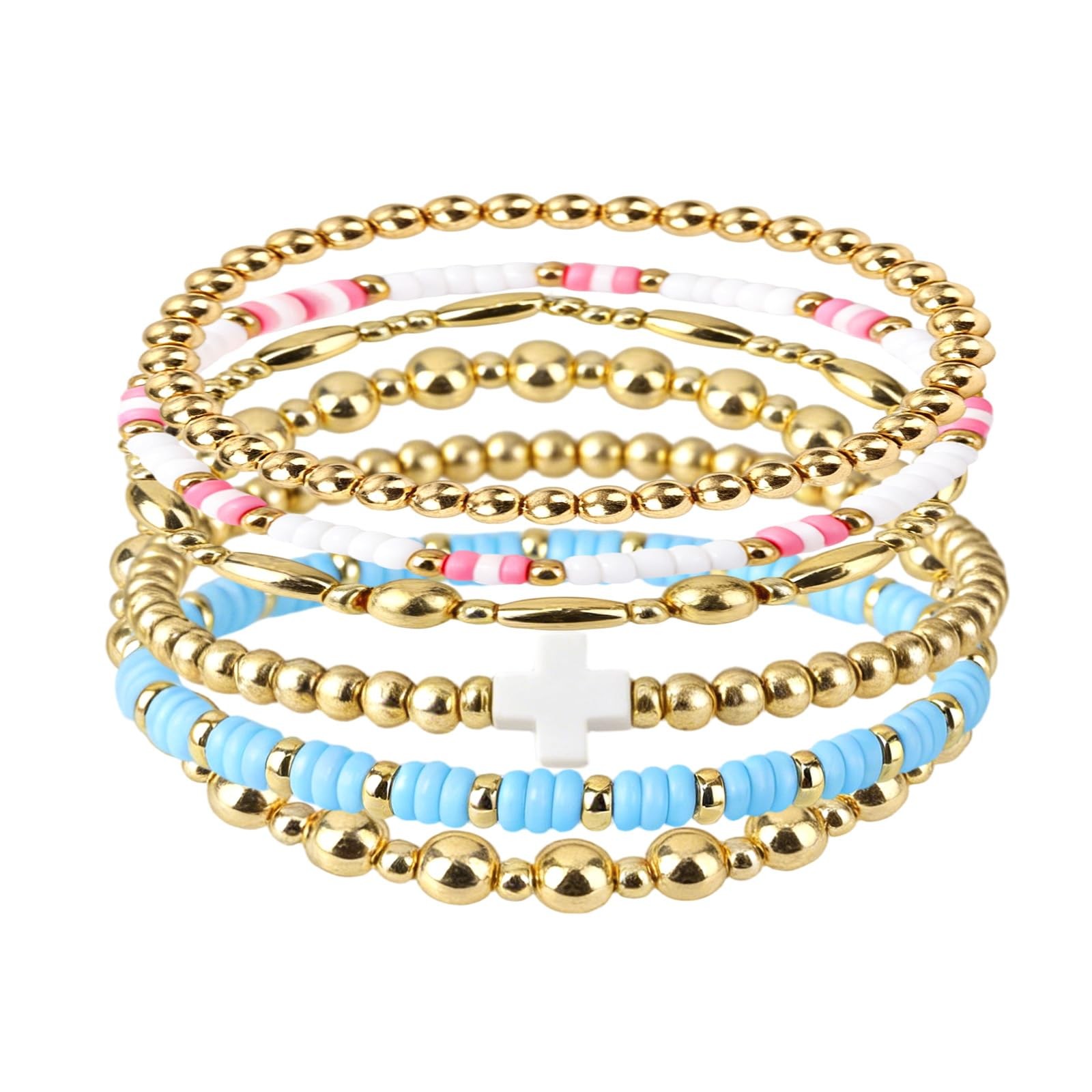 Mikovivi Beaded Cross Bracelets, 6pcs Stack, Gold, White, Blue, Pink, Resin