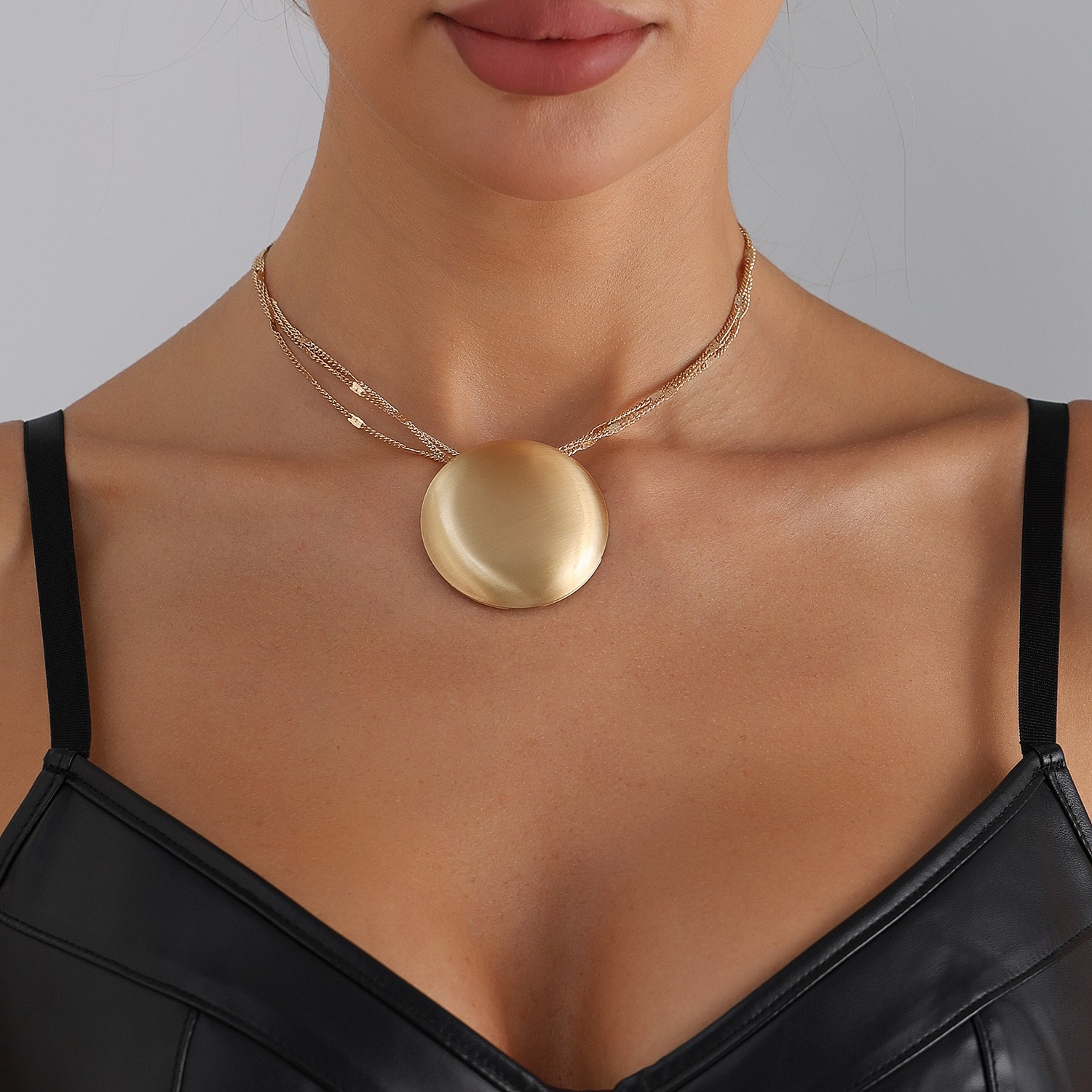 Gold Disc Pendant Necklace Layered Chain Minimalist Statement Choker Jewelry