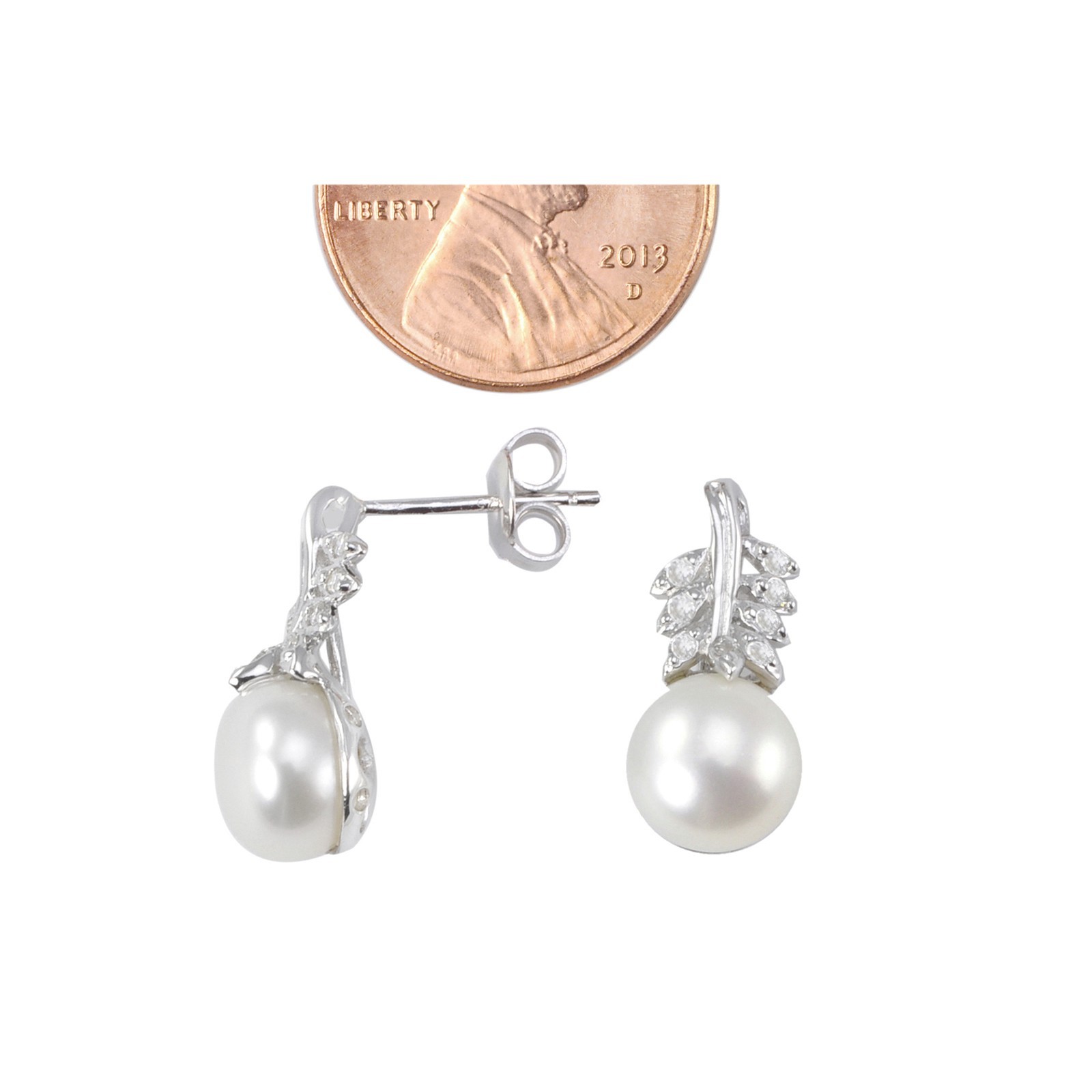 Women’s Sterling Silver Pearl Stud Earrings White Freshwater Pearls Leaf Design