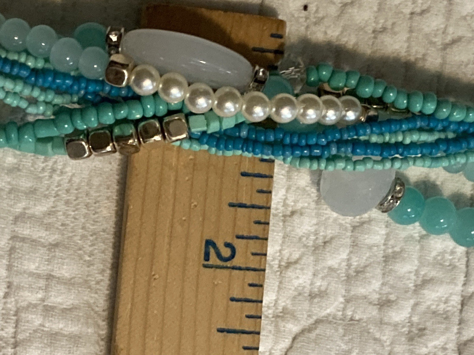Multi-Strand Statement Necklace Aqua Teal White Beads Gold Tone 19-22″