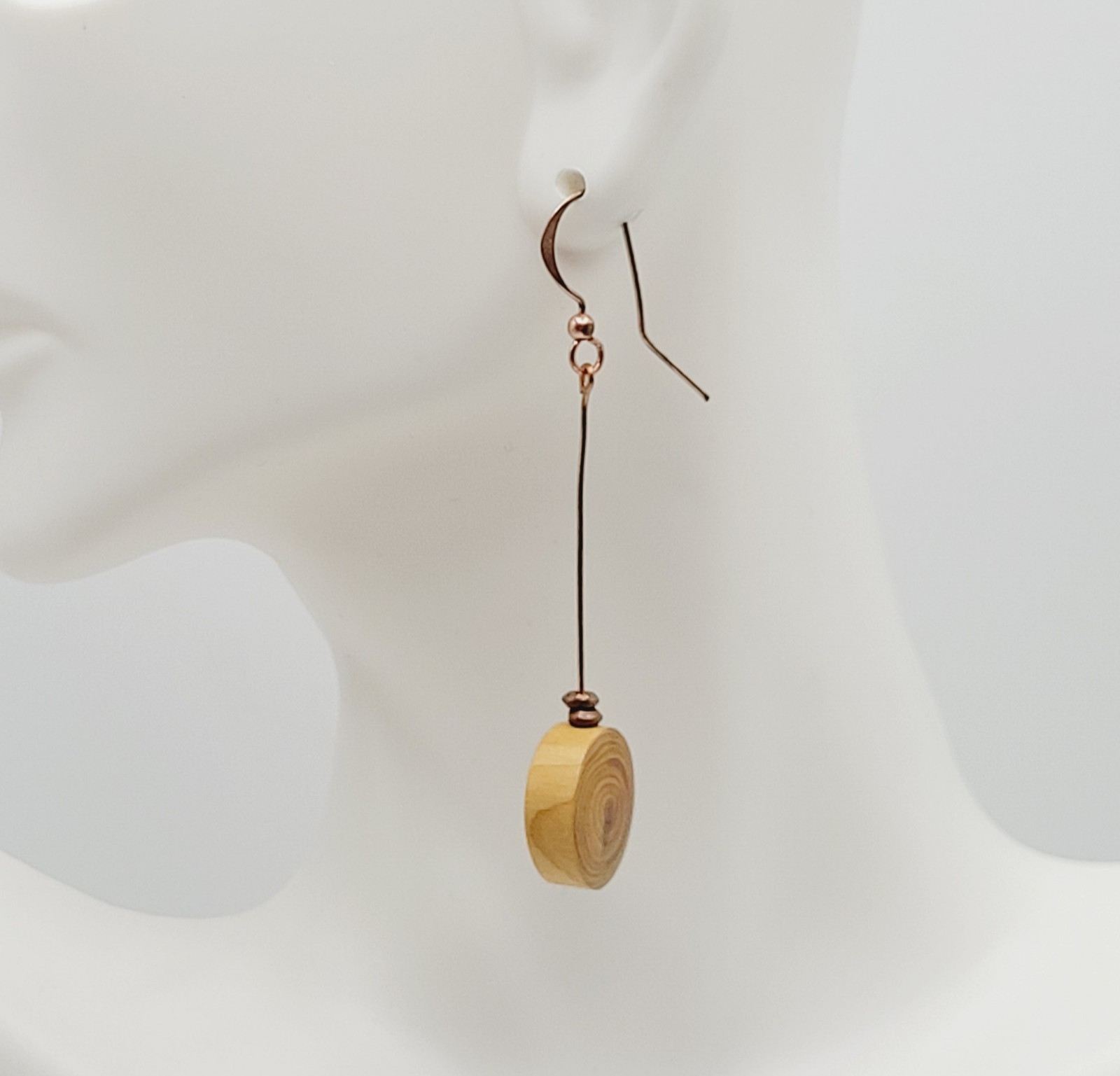 Artisan Handcrafted Round Wood Slice Drop Earrings Long Copper Wire Tree Ring