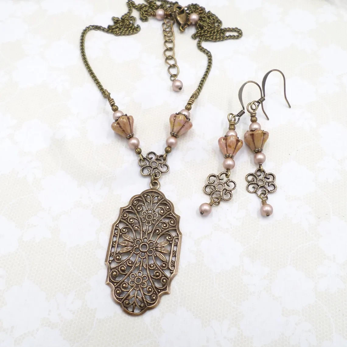 Victorian Style Brass Filigree Blush Pink Flower & Pearl Necklace Set
