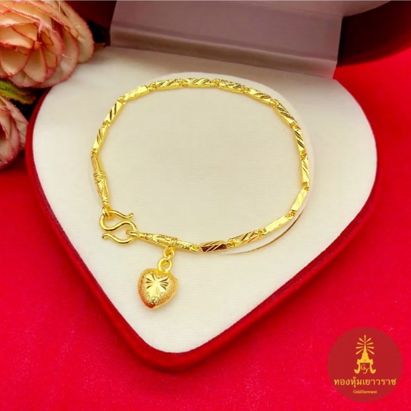 Heart Charm 22K 23K 24K THAI BAHT YELLOW GOLD Bracelet Jewelry Women 6.8in
