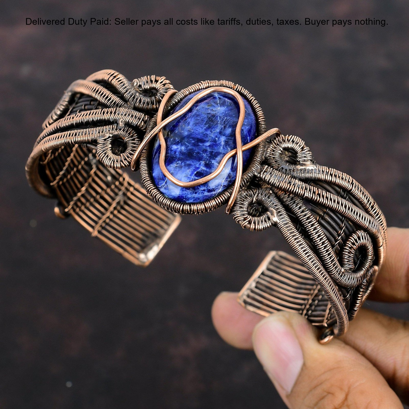 Oval Third Eye Chakra Sodalite Gemstone Boho Wire Wrapped Bangle Jewelry Copper
