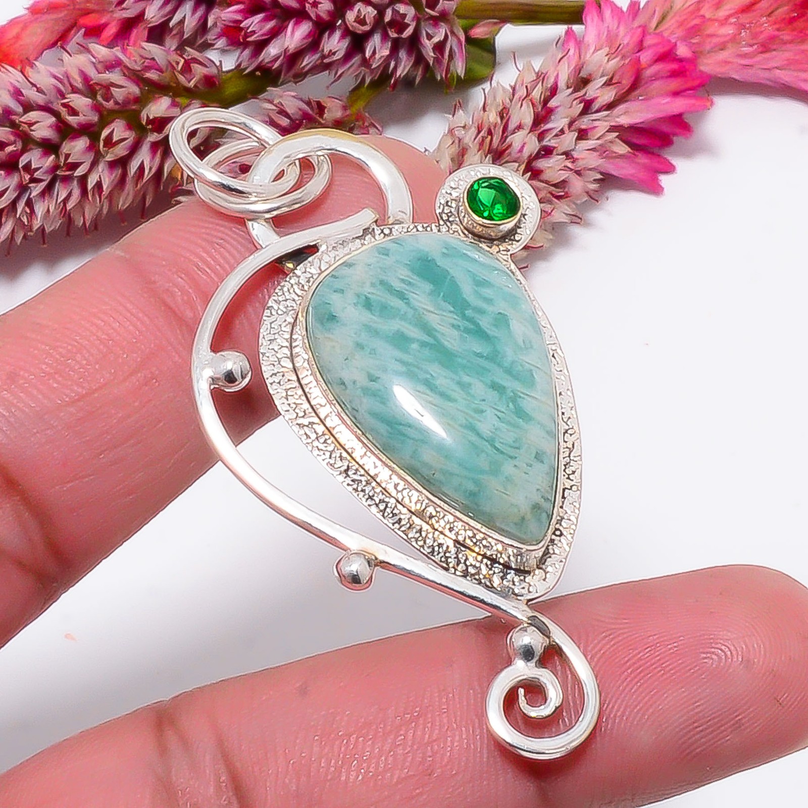 Amazonite – Russia & Tsavorite 925 Sterling Silver Handmade Pendant 2.15″ sku31