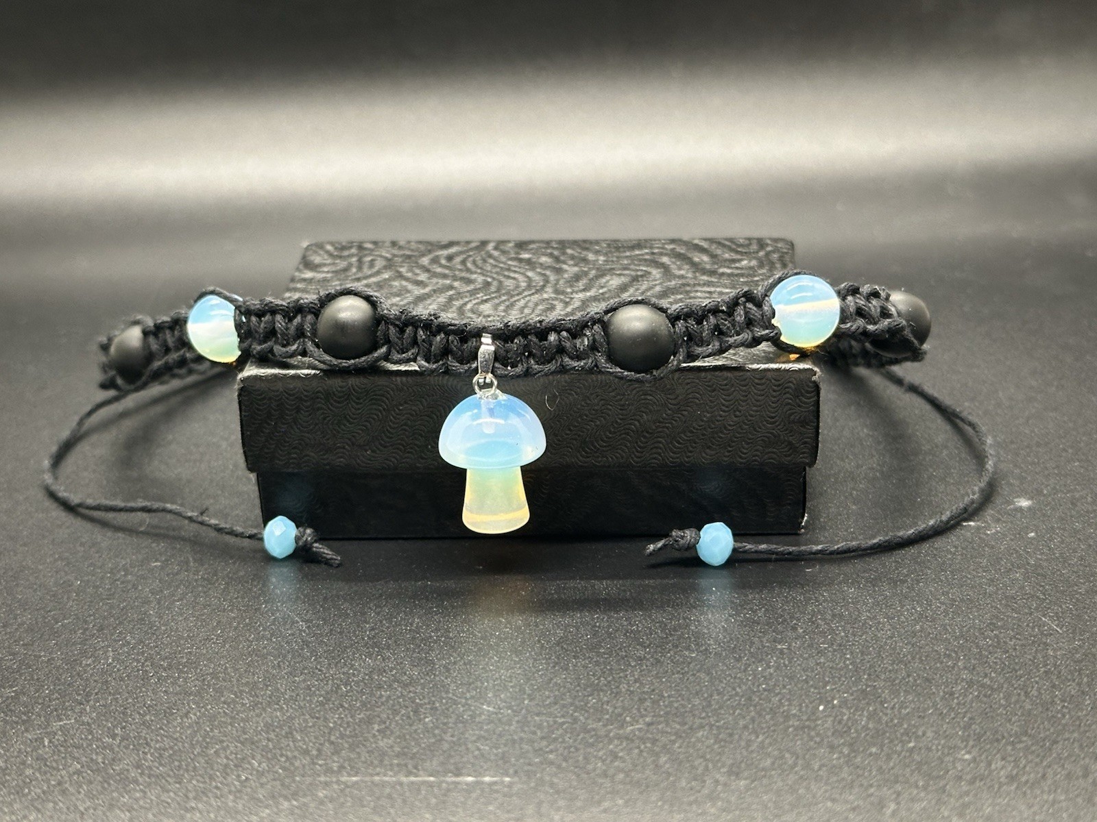 Opalite Mushroom Choker Necklace Matte Onyx Black Hemp Adjustable