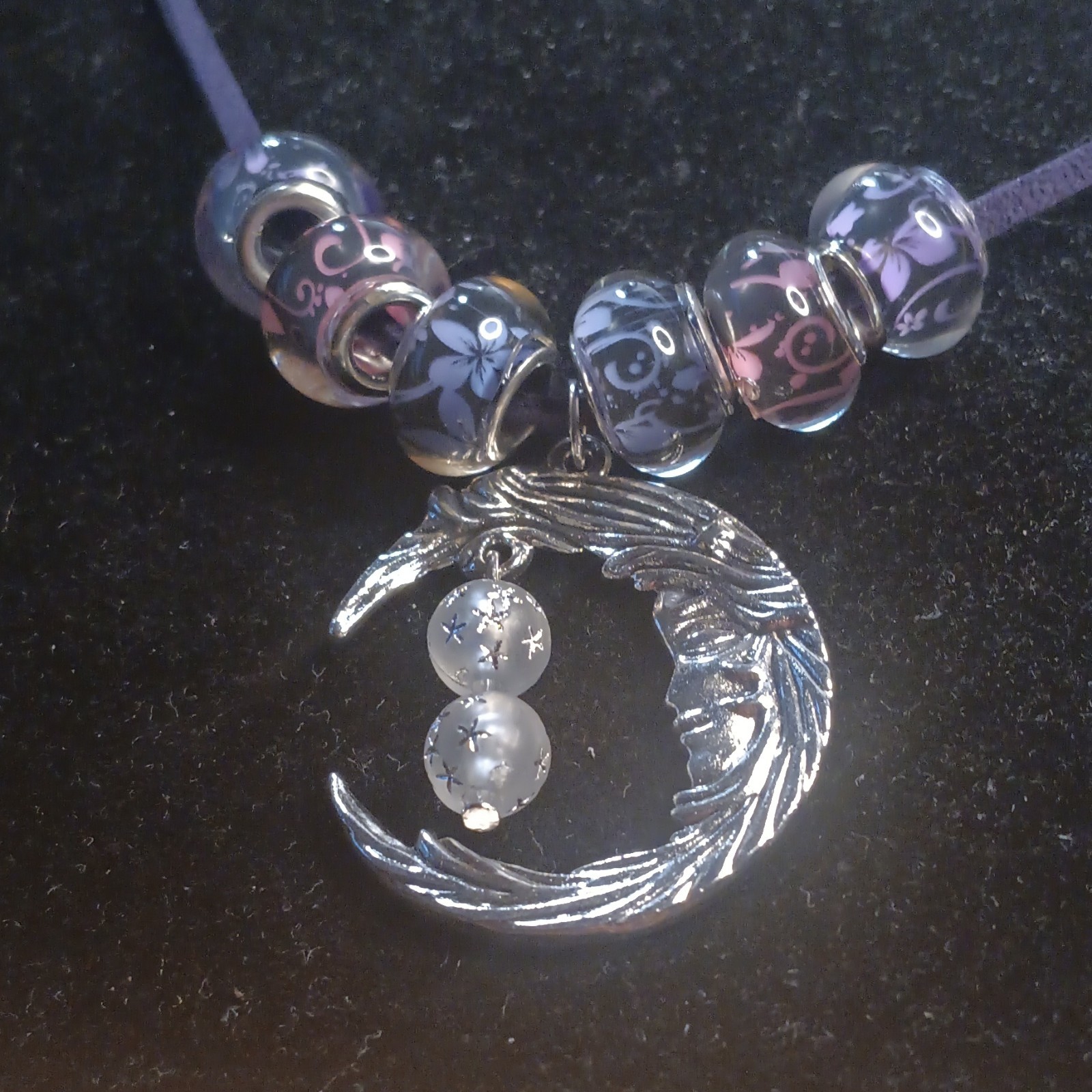 Purple Faux Suede Necklace With Silver Tone Crescent Moon Charm & Lobster Clasp