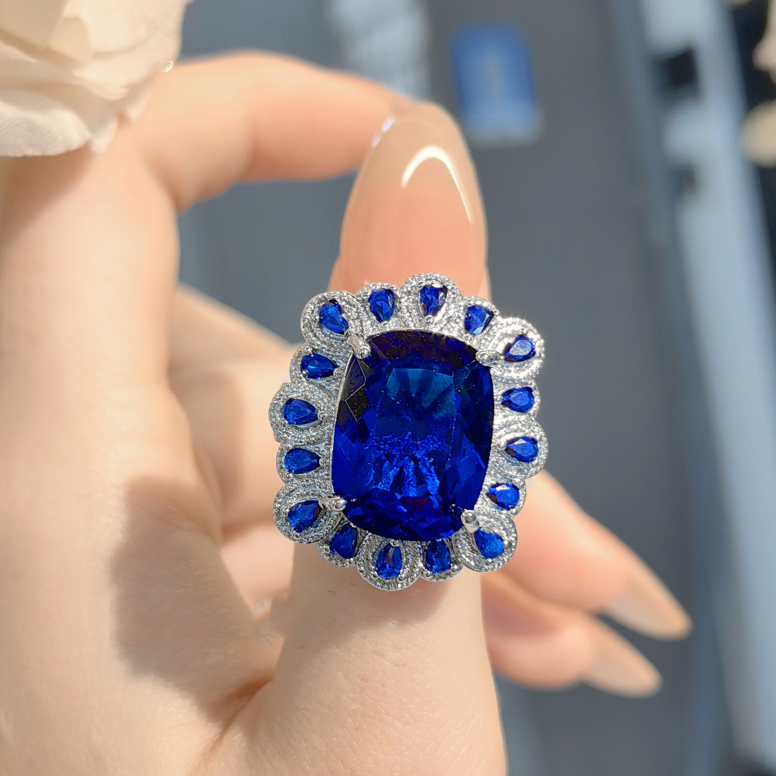 3pc European Royal Blue Topaz Gemstone Luxury Women Silver Necklace Ring Earring