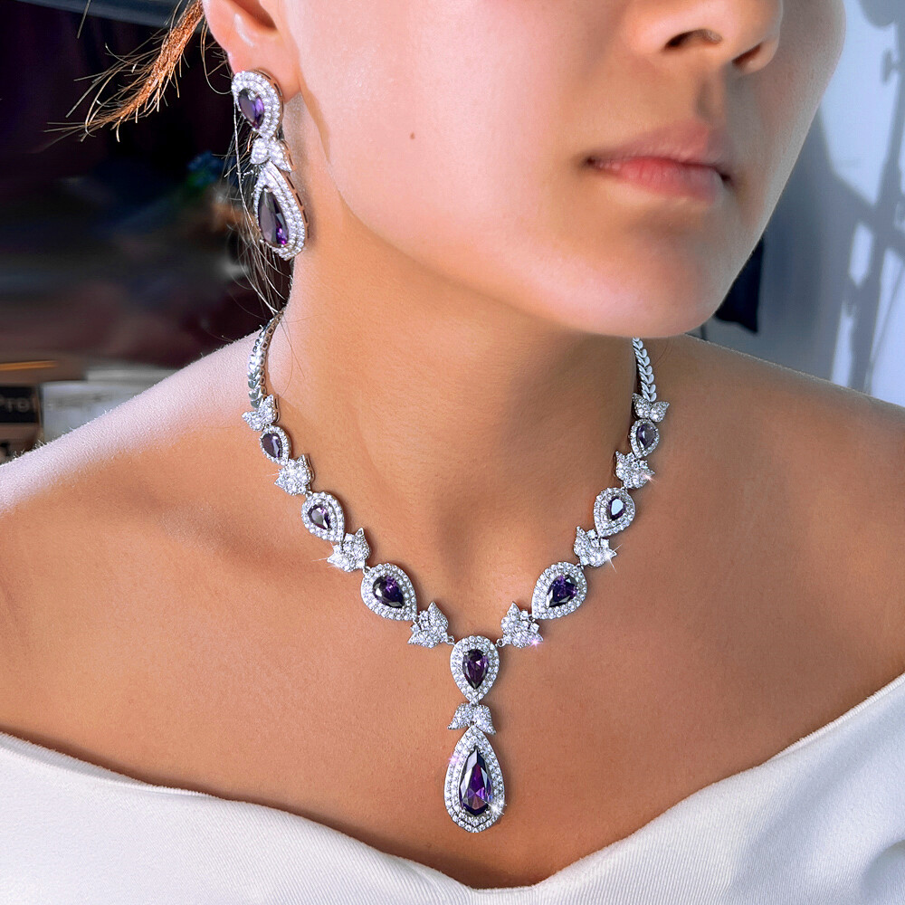 Silver Plated CZ Purple Dangling Drop Leaf Necklace Earrings Pageant Jewelry Set