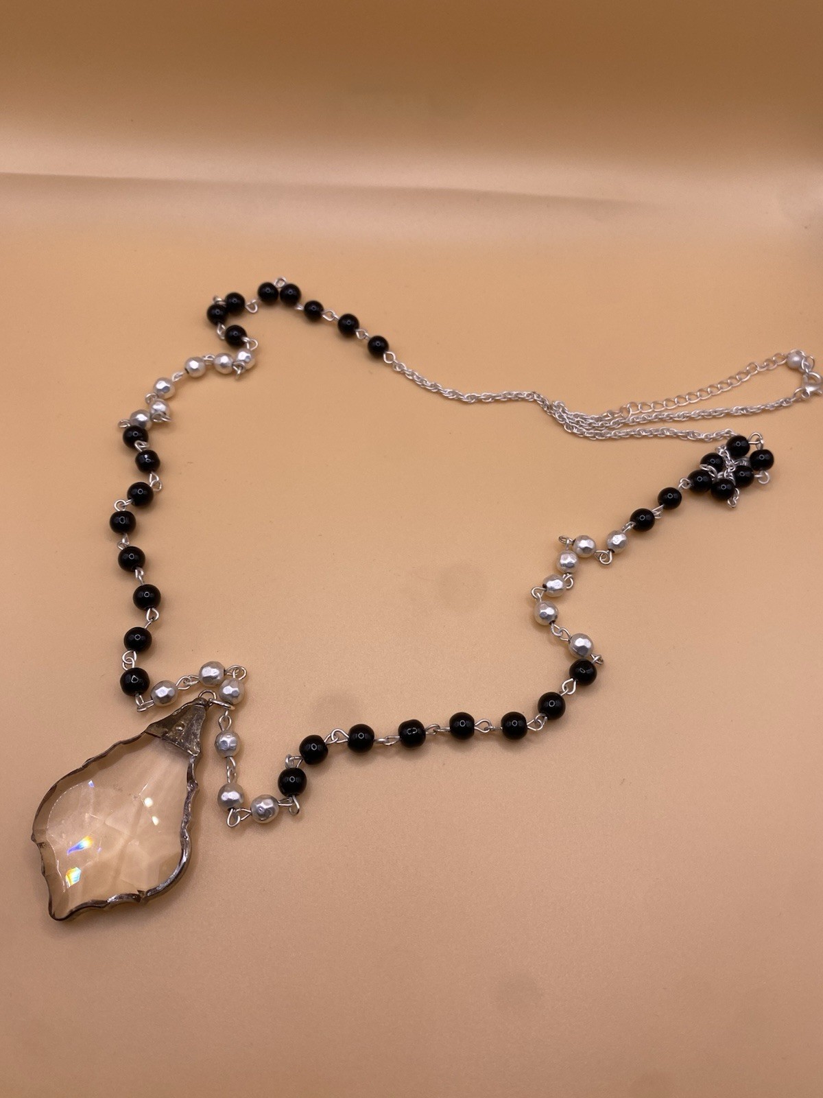 Silver Tone Cable Chain Necklace Black Beads Clear Glass Teardrop Charm