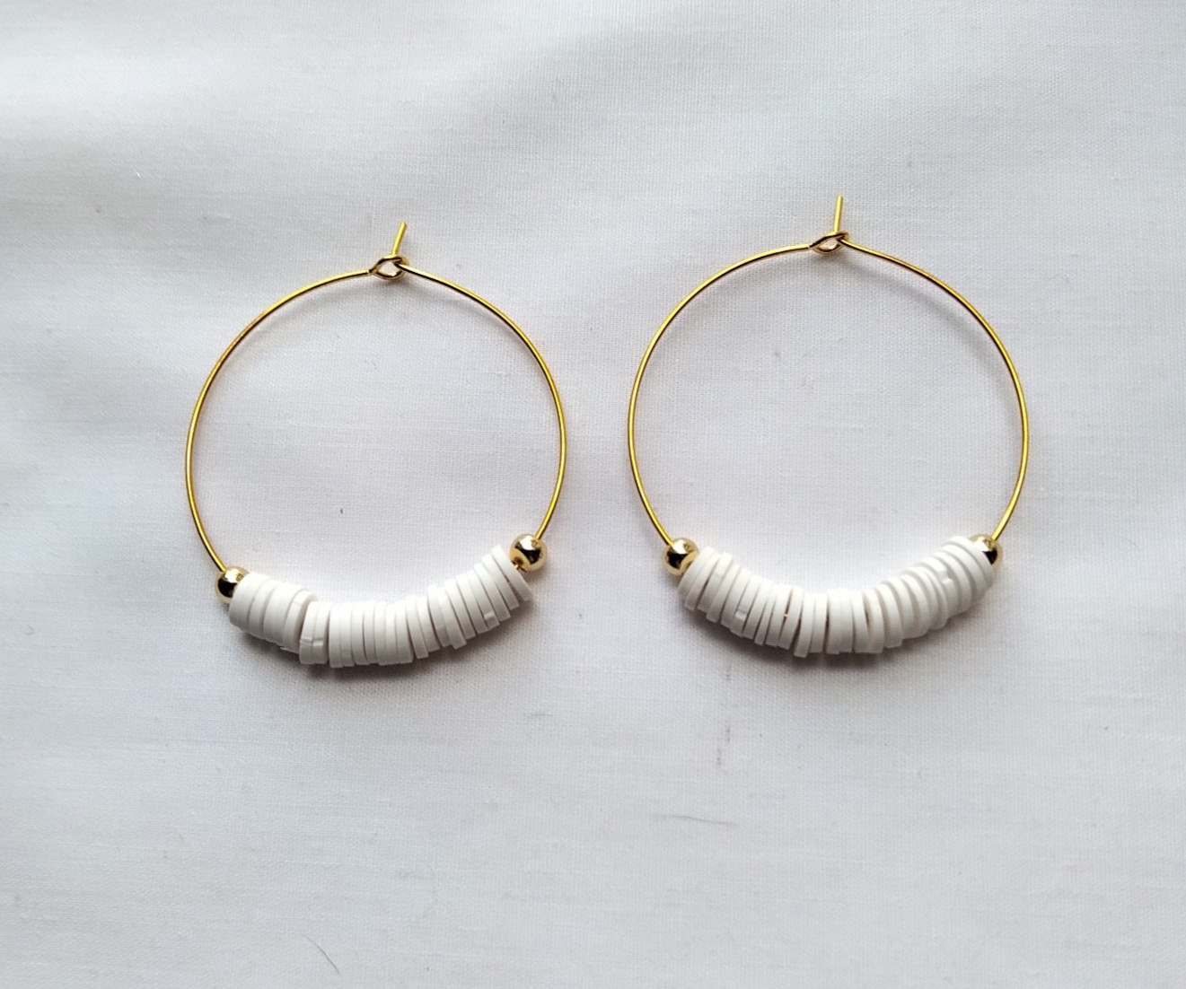 White Heishi Polymer Clay Bead Gold Tone Hoops Earrings Boho Chic Minimal Mod