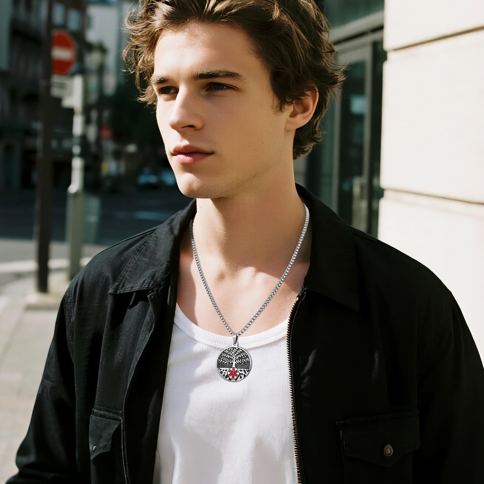 Unisex Emergency Medical Alert Tree of Life Pendant Stainless Steel Necklace