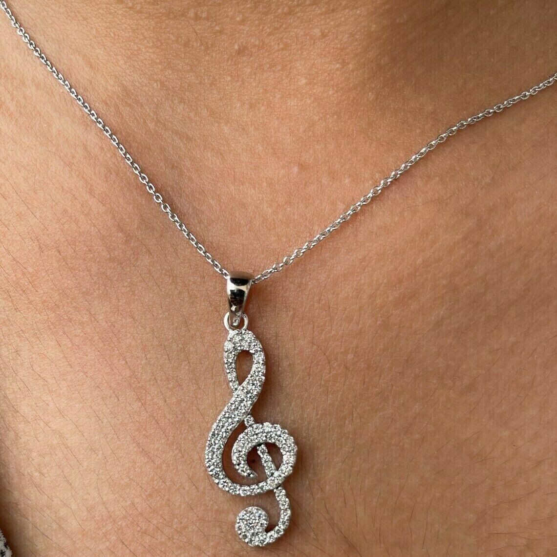 2 Ct Round Simulated Diamond Music Note Pendant 14K White Gold Plated 18”Chain