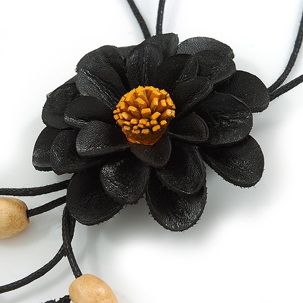 Black Leather Daisy Pendant with Long Cotton Cord – 80cm L – Adjustable