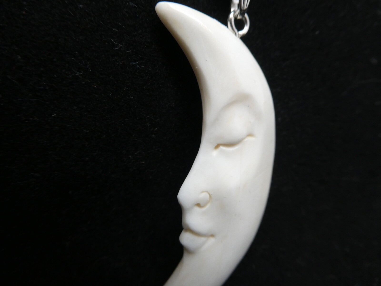 Crescent Half MOON Double Sided Face Carved Water Buffalo Bone Pendant Necklace