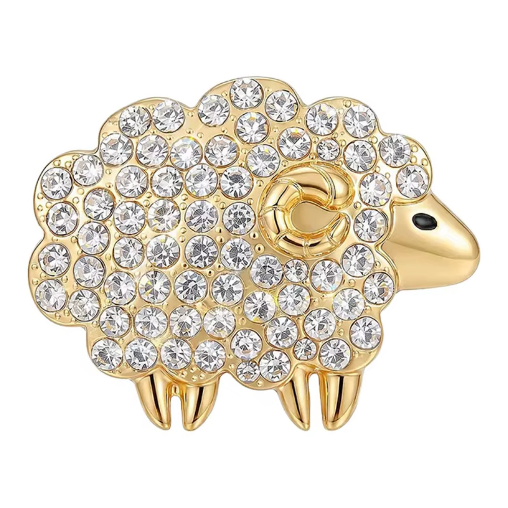 Vintage Crystal Sheep Brooch Pin Gold Tone Rhinestone Goat Animal Jewelry Gift