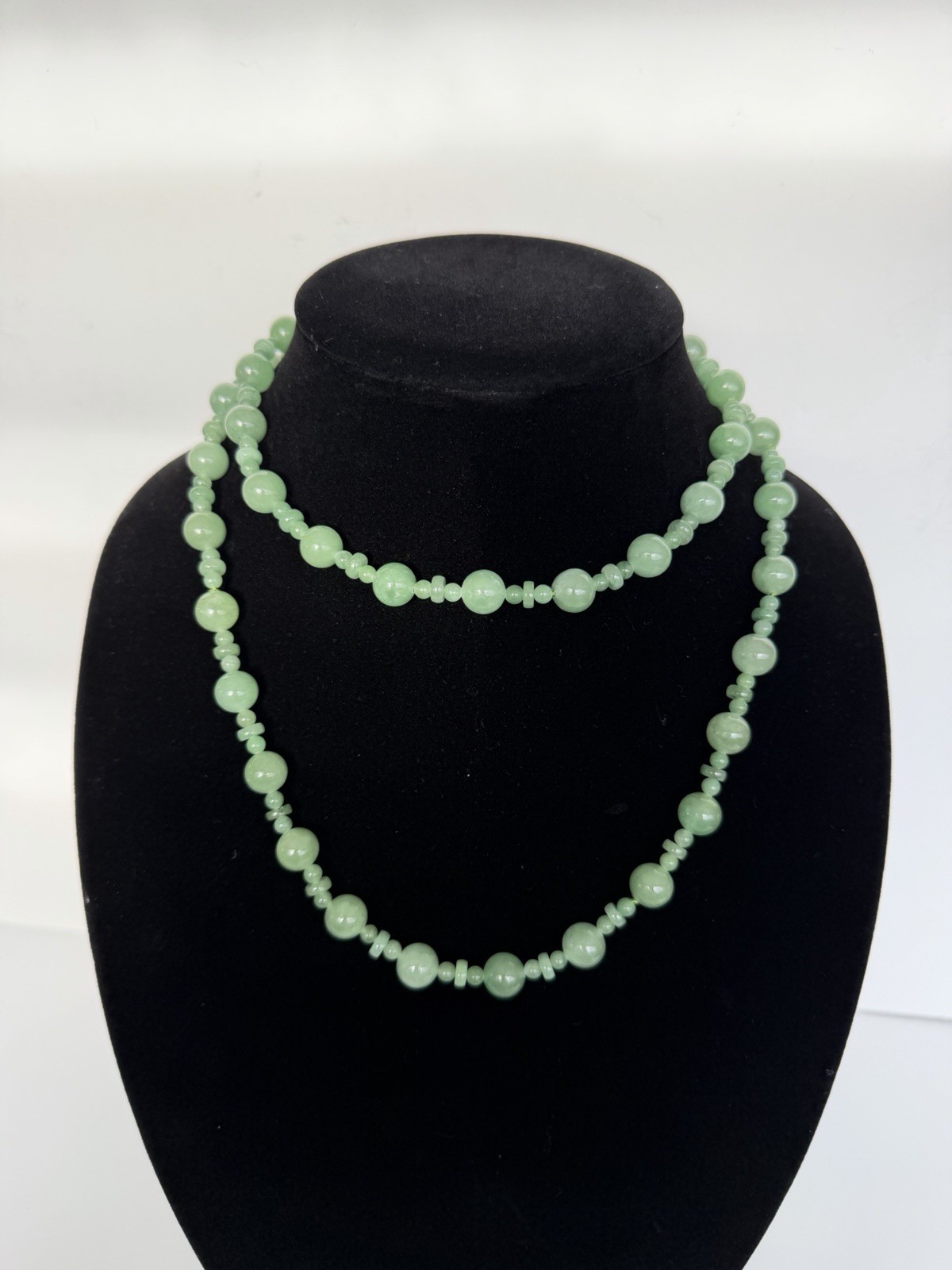 GSJ JADE Bead & Disk Long Necklace with 14K Gold Clasp 36”