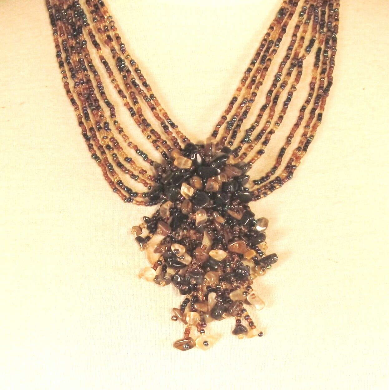 16″ Gold Black Multicolor Gemstone Chip Cluster Handmade Seed Bead Bali Necklace