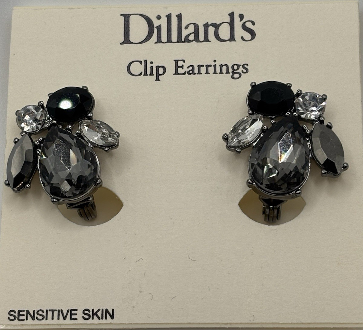 Dillard’s Clip-On Cluster Earrings Black Clear Crystal Sensitive Skin 1.25 in