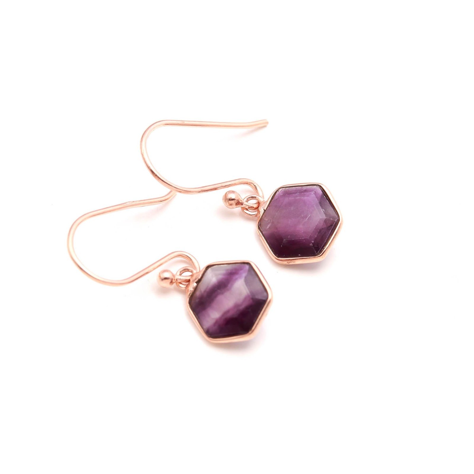 Natural Fluorite Hexagon Dangle Earrings Rose Gold Plated Solid Silver Jewelry