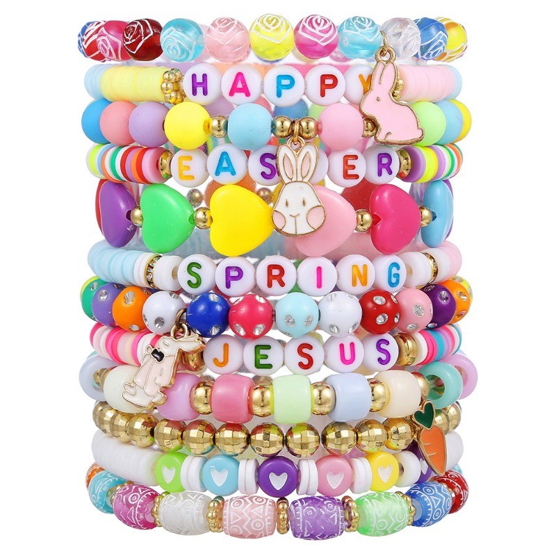 12Pcs Colorful Polymer Clay Beaded Multi-Layer Bunny and Carrot Easter Bracelets