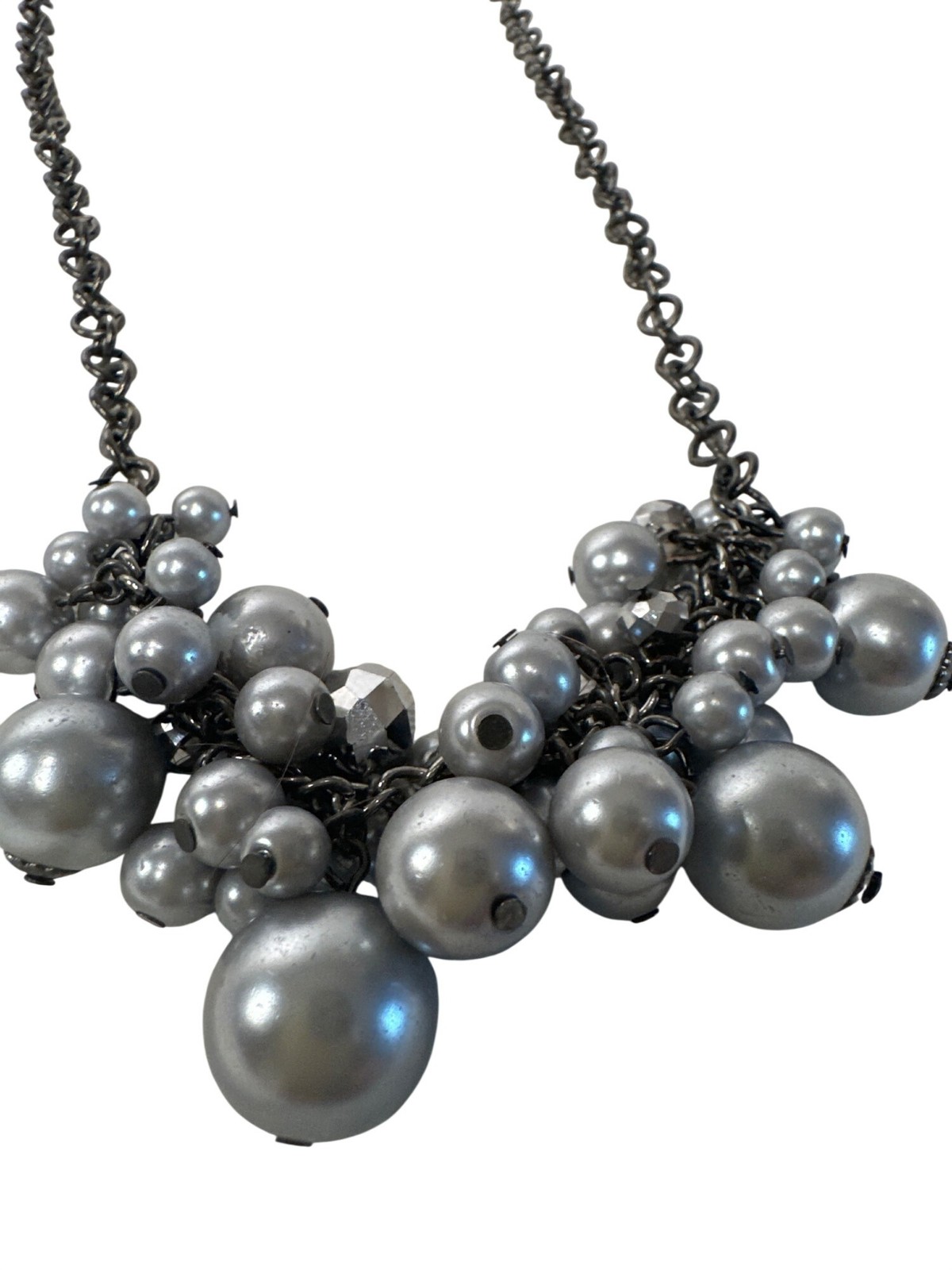Gray Pearl Necklace Cluster Statement Gunmetal Chain 23″ Formal & Casual Wear