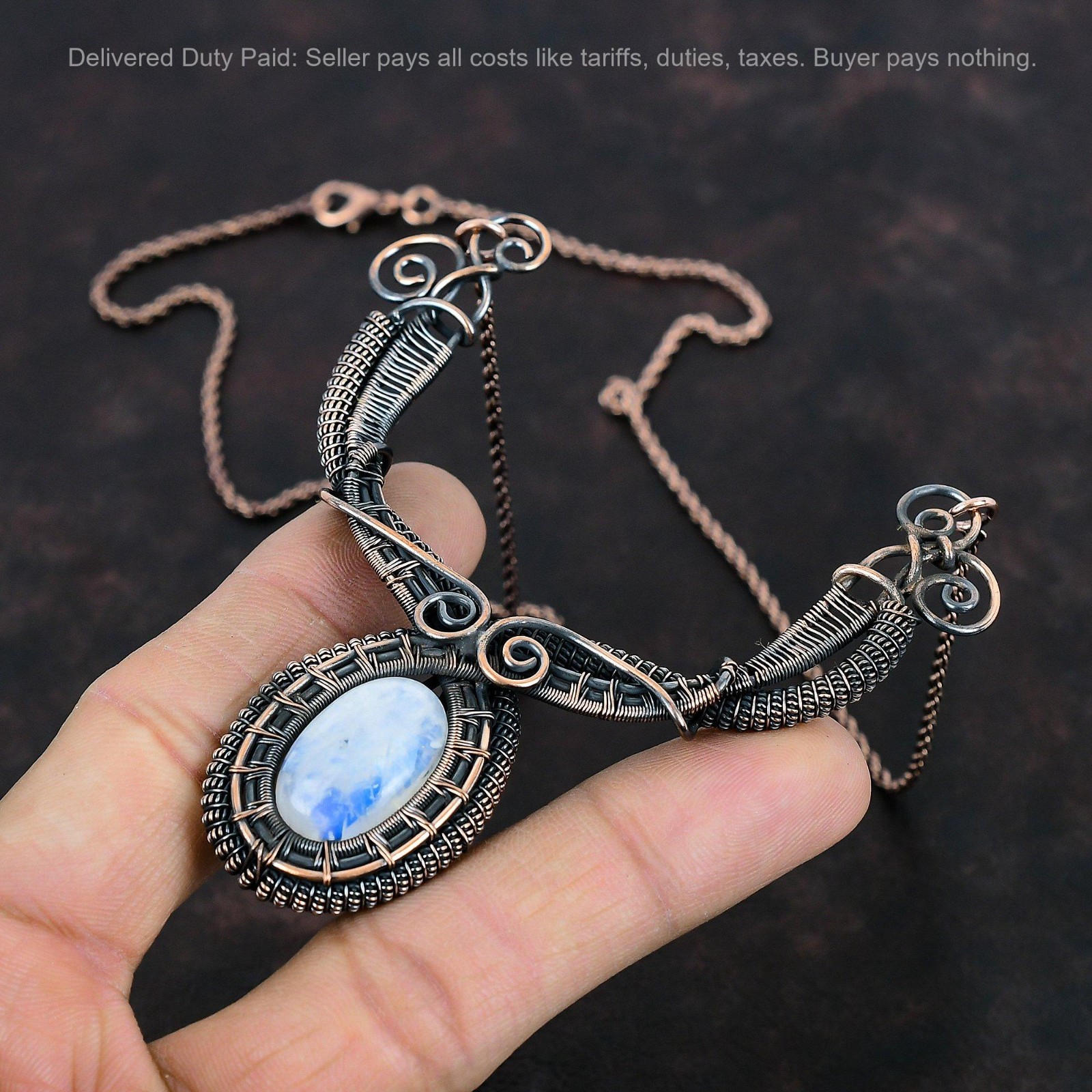Copper Natural Rainbow Moonstone Handcrafted Wire Wrapped Chain Necklace Jewelry