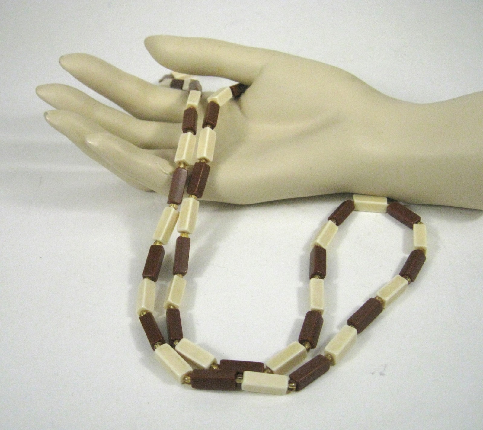 Necklace String Strand Brown Off White Size 31 Inches Rectangle Plastic Beaded