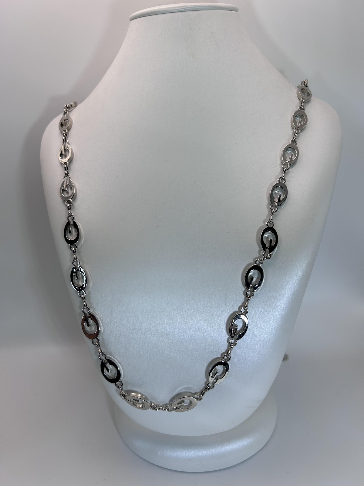 Etienne Aigner Silver Tone Logo Link Necklace Long Horseshoe Stirrup Designer