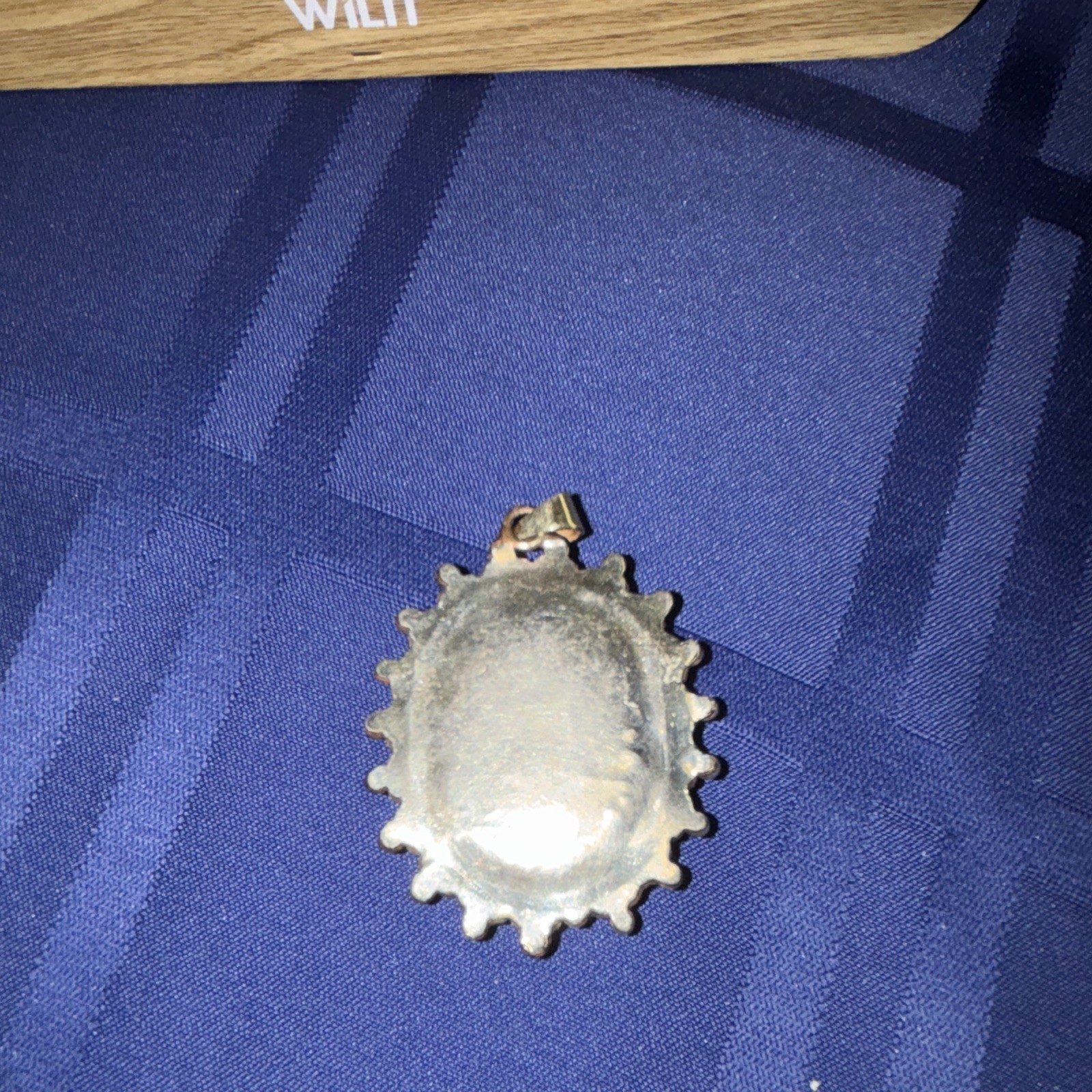Gold Tone Oval Blue Stone Bezel Set Charm Pendant Metal Beaded Frame