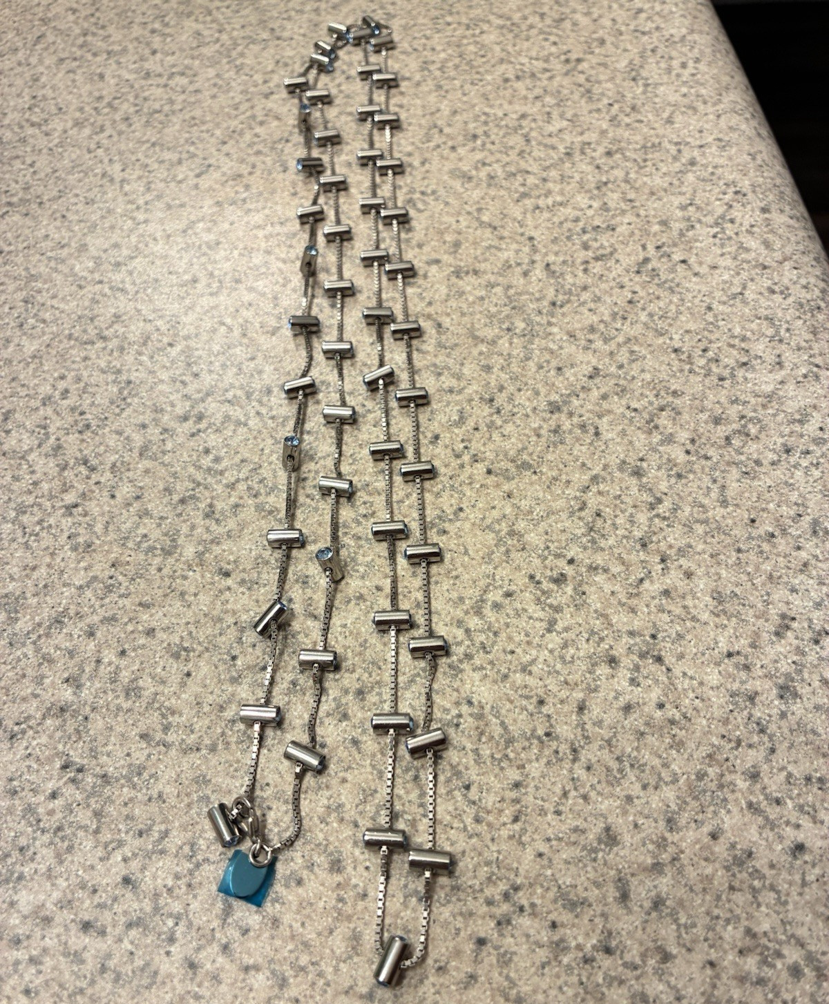 Swatch Silver Tone Stainless Steel Box Chain Necklace w/ Blue Crystal Bar Charm