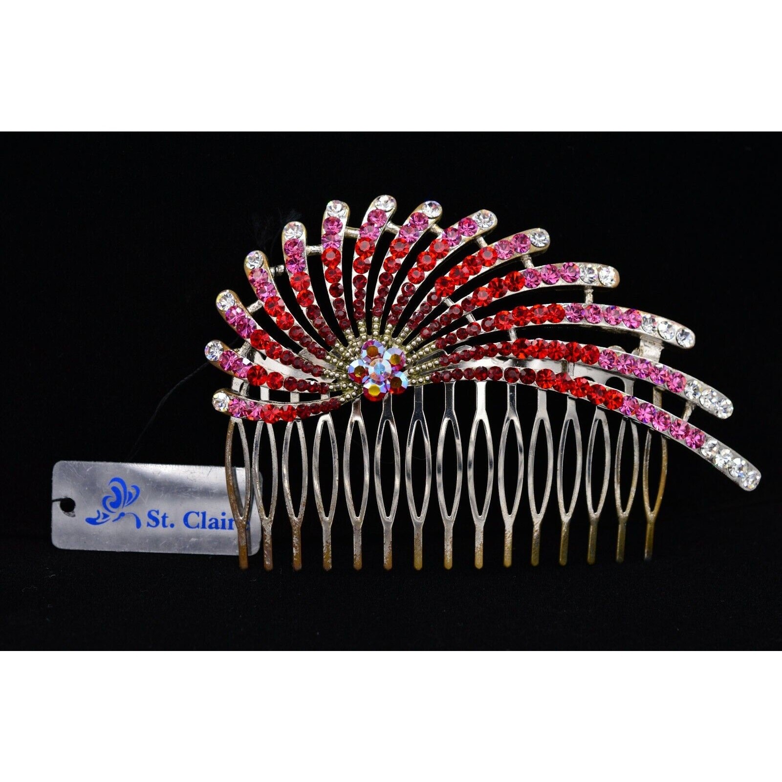 St. Clair Vintage Red Rhinestone Crystal Hair Pin Comb Aurora Borealis Pink