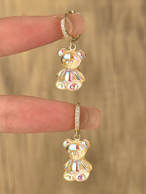 Adorable TEDDY BEAR Rhinestone Gold Clear Dangle Betsey Johnson Earrings
