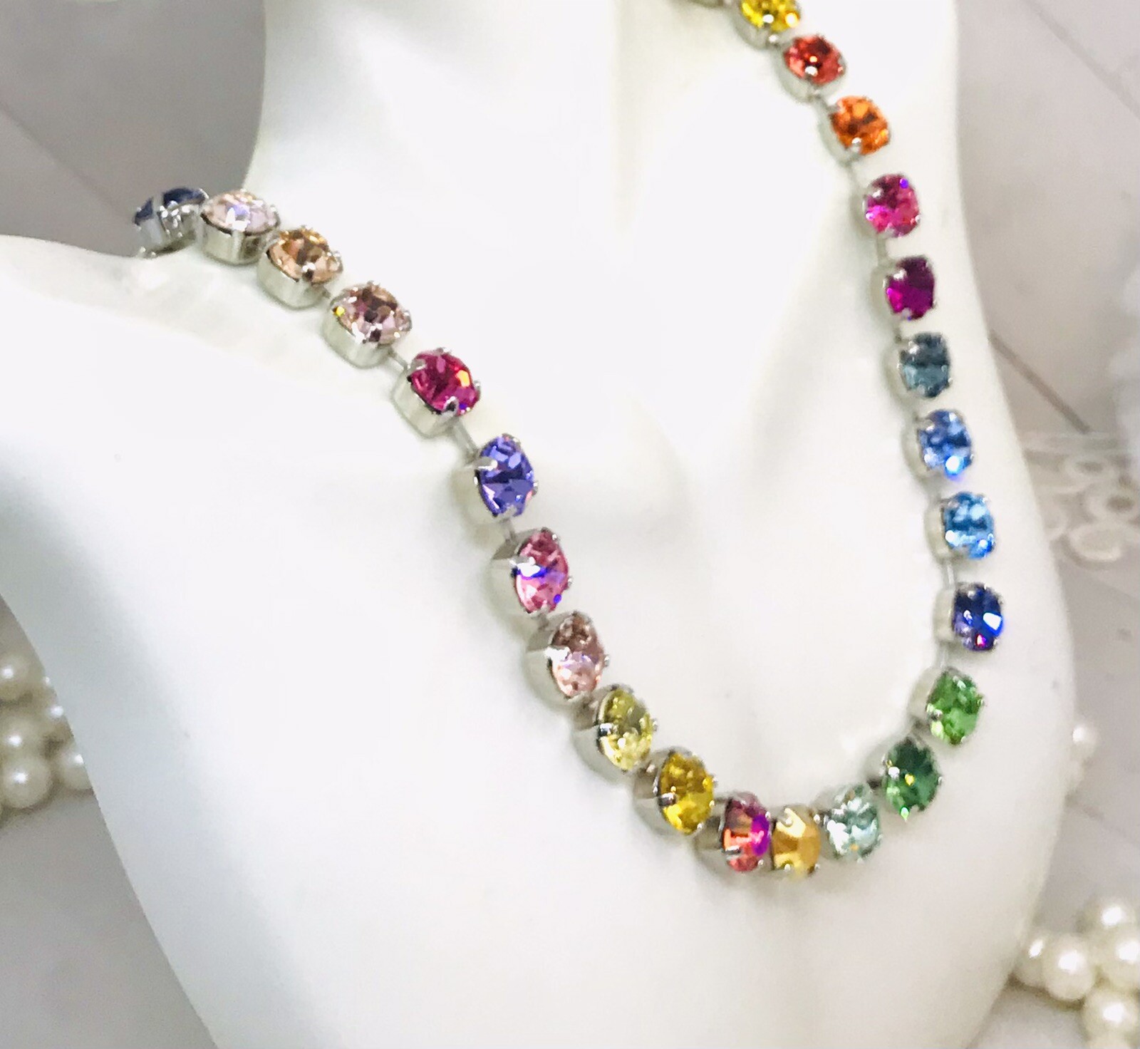 Silver Plated 33 Stone Colorful Rainbow Cup Chain Crystal Necklace