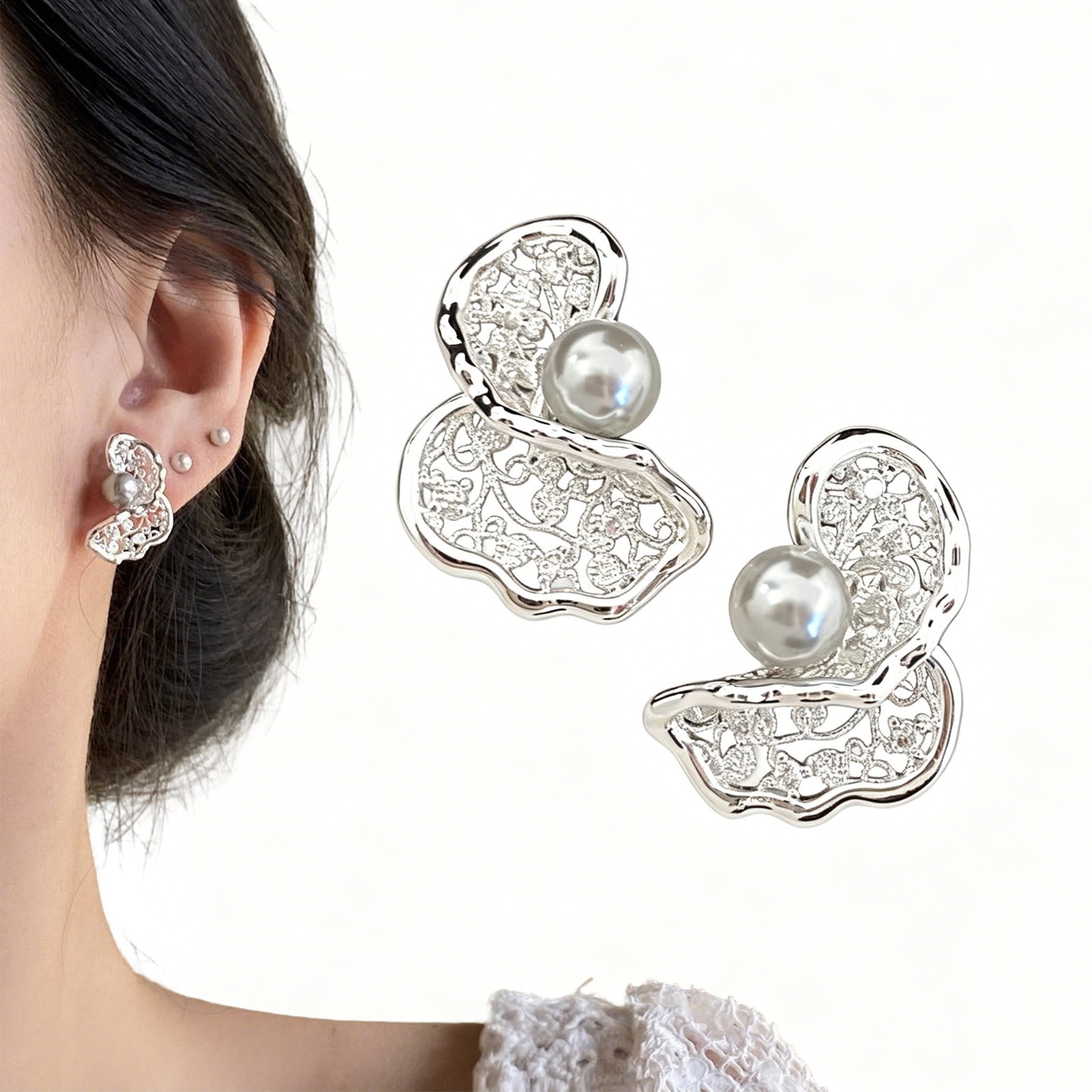 Zircon Pearl Stud Earrings French Elegant Silver Jewelry Women Wedding Gift Dail