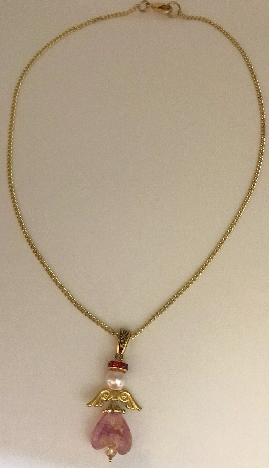Angel Necklace Glass Pearl murano Pink Heart w/Wings Red Rhinestone Chain