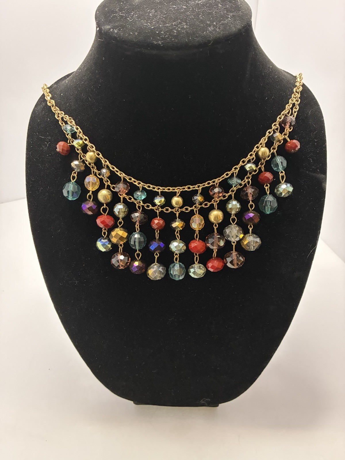 Jules Signed Gold Tone Layered Statement Necklace Multicolor Glass Beads Adj
