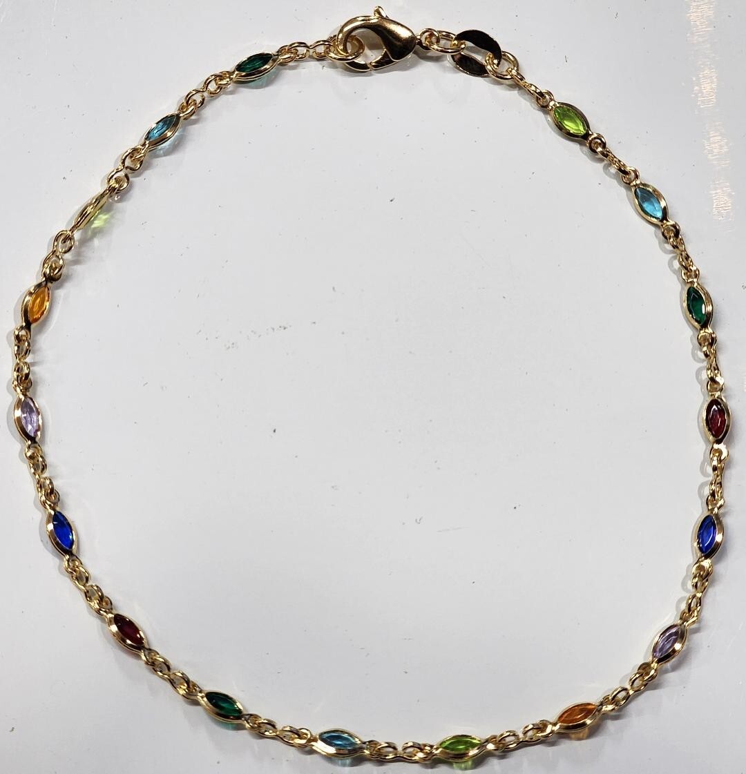 Ankle Bracelet Gold Filled with Colored Stones 9.75 inches Long new # 150