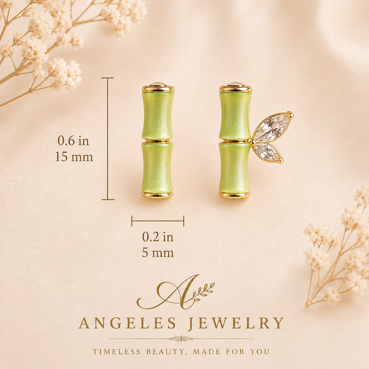 Jade Crystal Stud Earrings Bohemian Minimalist Bamboo 18K Gold Plated Gemstone