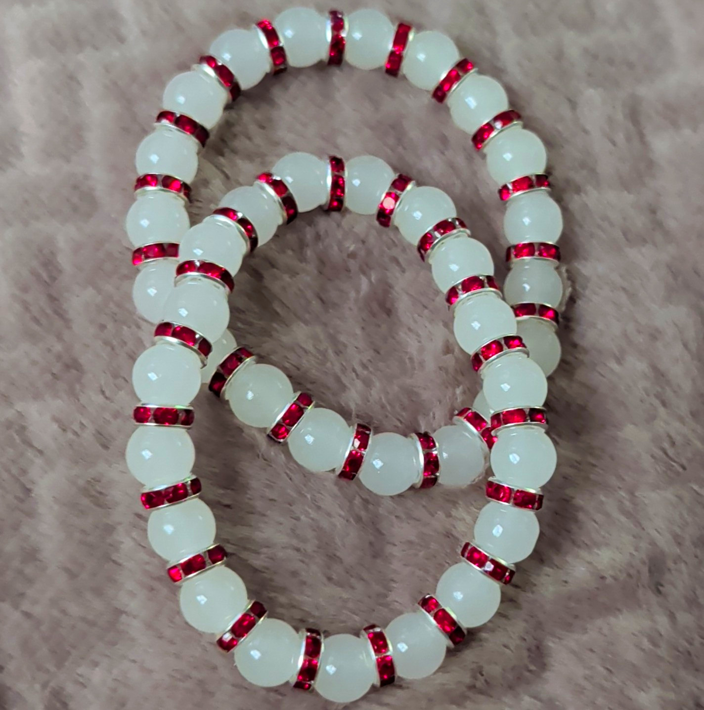 Set of 2 White Beaded Stretch Stackable Bracelets w/ Red Spacer Rings