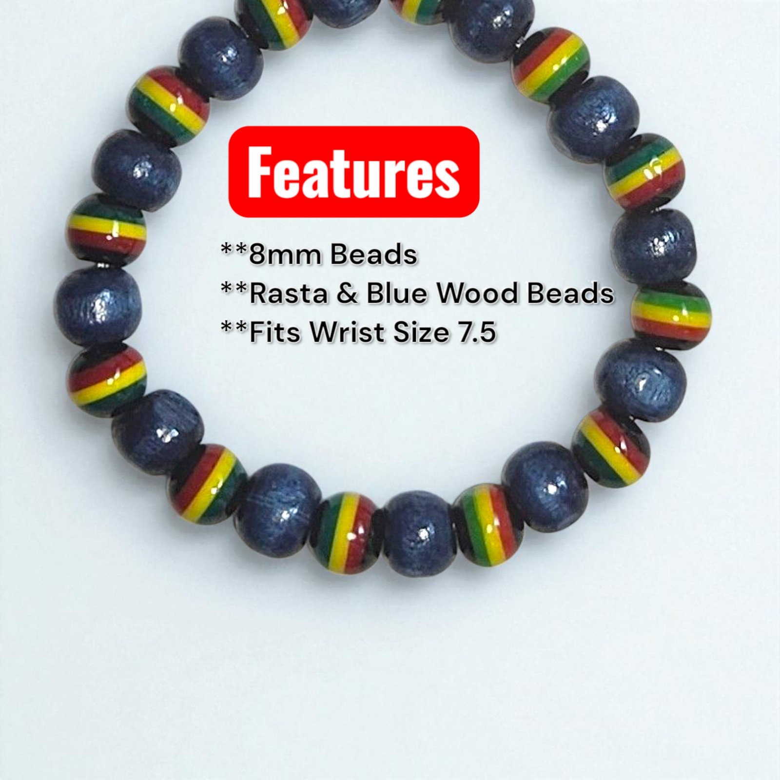 Blue Wood / Rasta Beads Design 8mm Beaded Bracelet Wrist Sz 7.5