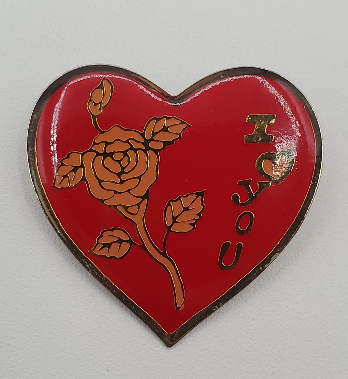 I Heart You Rose Pin 1.25in Red Gold Tone Enamel I Love You VTG Estate Brooch